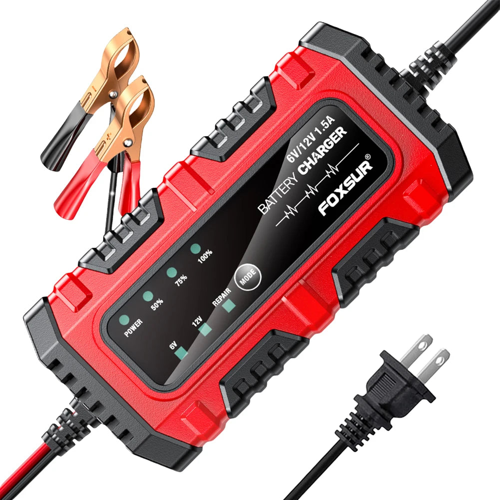 6V/12V 1.5A Car Battery Charger Electric Motorcycles Charger Smart Charger for Car Truck Boat SUV Lead-Acid AGM GEL Batteries
