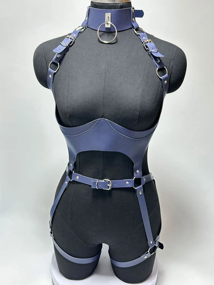 Women Fashion Punk Style Faux Leather Full Body Harness Belt, Garter Belt Set,Gothic Collocation Costume Accessories