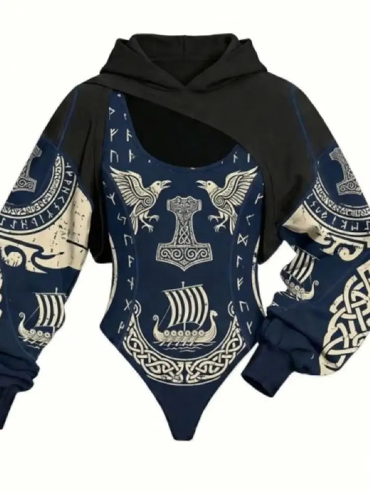 Ladies Viking Pattern Hooded Jumpsuit 2PCS Set Daily Home Lounge Streetwear Outdoor Walking Holiday Simple Comfortable Two Piece