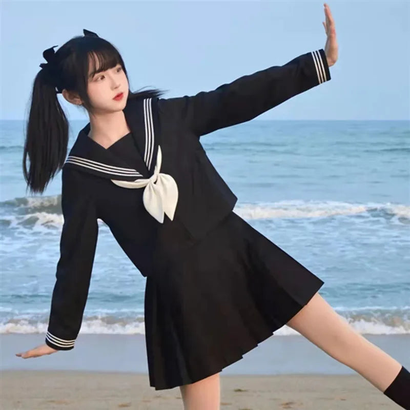 Japanese School Uniforms Student Style Girls Navy Costume Women Sexy Black JK Long Dress Suit Sailor Blouse Pleated Skirt Set