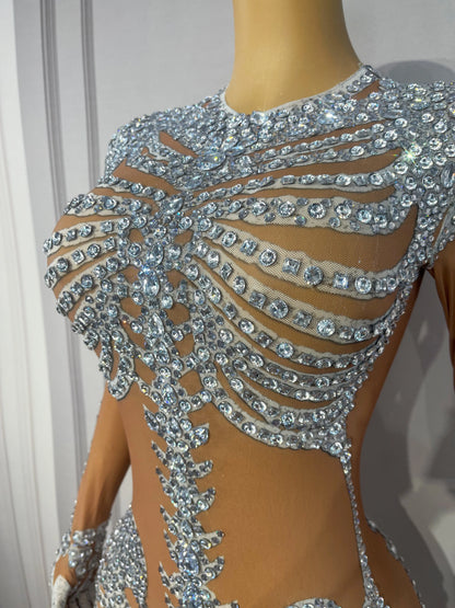 Fashion Skeleton Pattern Designed Shining Rhinestones Mesh Dress Women Halloween Party Celebrate Show Stage Outfit Kulouwang