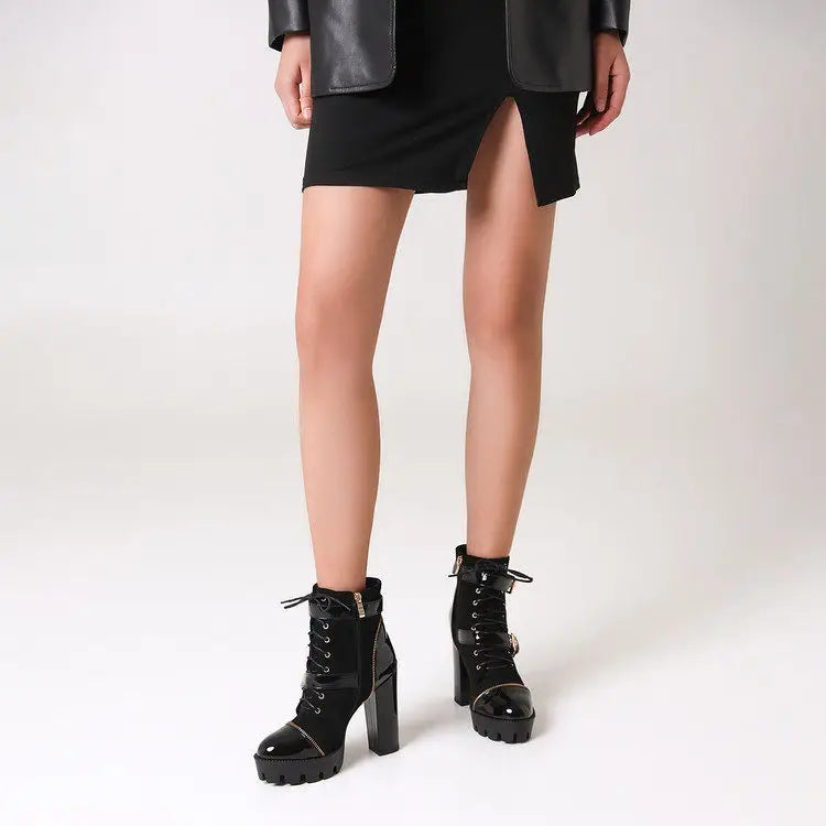 Design Women Black Leather Round Toe Rivets Metal Zippers Block High Heel Thick Bottom Ankle Boots Belt Buckles Platform Boots