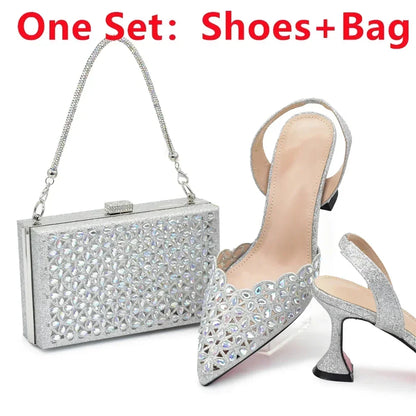 New Arrival Nigeria Women Designer Shoes and Bags Decorated with Rhinestone Wedding Italian Shoes Bag Set Pumps Women Luxury