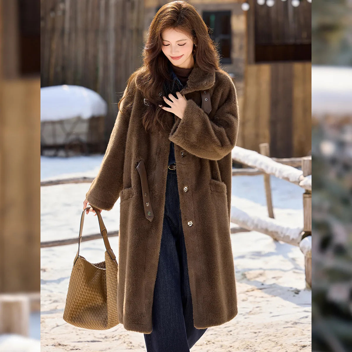 LOUIS YAO Stand Collar Faux Fur Women's Long Coat 2025 Winter Vintage Soft Faux Mink Chic Street Wear Long-Sleeved Warm Coat