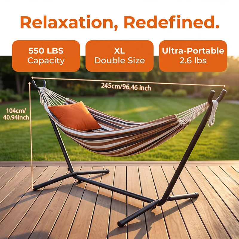Collapsible Steel-Frame Striped Hammock—Outdoor/Indoor Hammock with a Sturdy Steel Frame, Perfect for Camping, Patios, Balconies, and Backyards—Portable Hammock, Hammock with Stand, Bedroom Hammock, Living Room Hammock, P