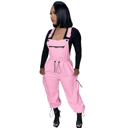 Lace Up Jumpsuit Women One Piece Jumpsuits Fur Rompers High Waist Spring Autumn Pants Mom Overalls Playsuits Elegant Pink