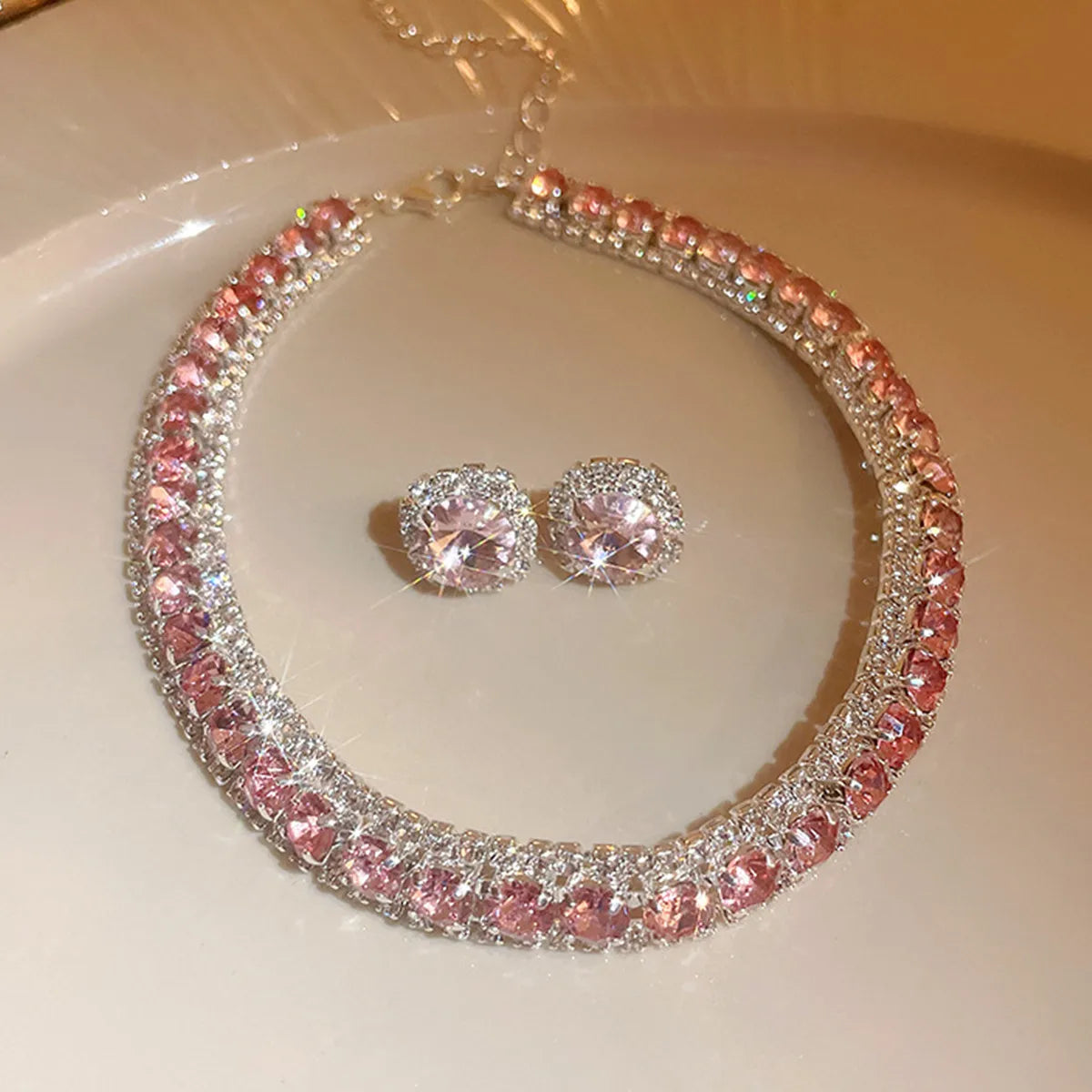 FYUAN Luxury Crystal Necklace Earrings Set Pink ABcolourful Necklace for Women Weddings Party Jewelry Sets Accessories