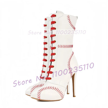 Baseball Sewing Design Stiletto Ankle Boots Women Round Toe Stylish White High Heel Boots Two Tone Splicing Cross Tied Shoes