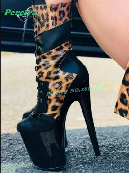 Leopard Print Platform Ankle Boots Round Toe Stiletto High Heels Lace-Up Women's Boots Patchwork Winter Casual Shoes Luxury