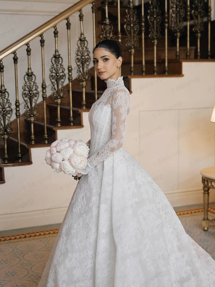 Lace Wedding Dresses High Neck Long Sleeve A Line Bride Dress Sweep Train Princess Bridal Gown Vestido De Novia Customized