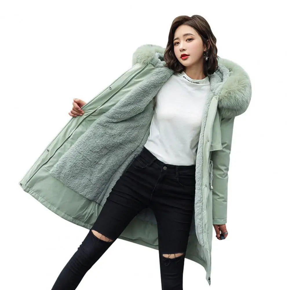 Winter Women Jacket Furry Hood Cotton Jacket Plus Size Zipper And Button Closure Plush Lining Cotton Coat Windproof Warm Coat