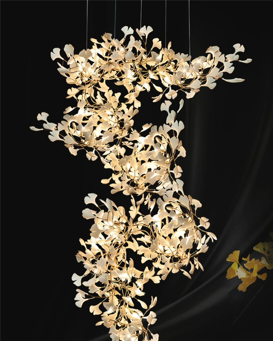 Ginkgo Leaves Loft Hanging Chandelier Light For High Ceiling Staircase Living Dining Room Modern White Porcelain Leaf Chandelier
