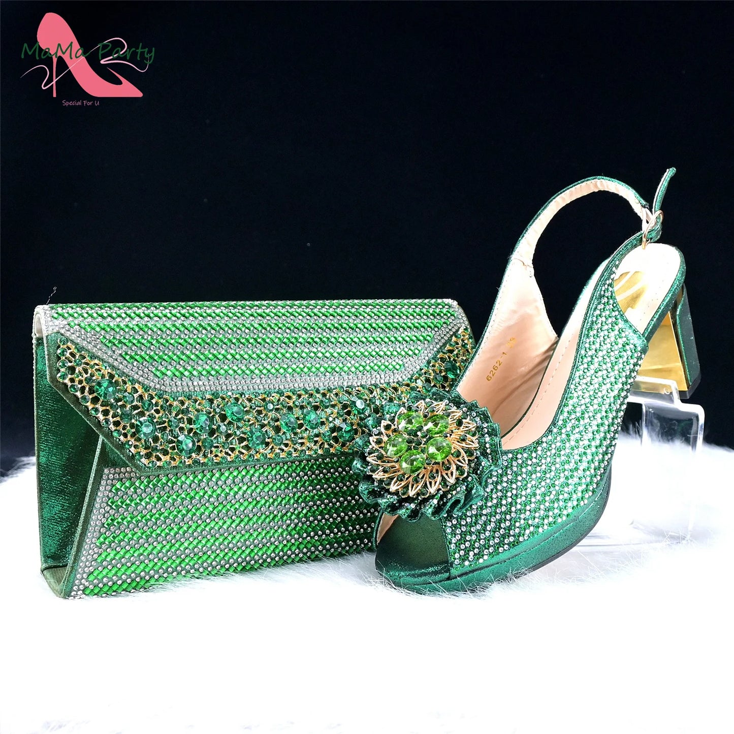 Mature Italian Women Shoes Matching Bag Set in Green Color 7 CM Comfortable Heels with Plaform Elegant Peep Toe Sandals