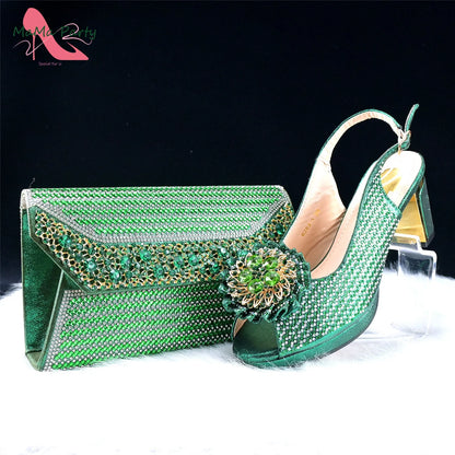 Mature Italian Women Shoes Matching Bag Set in Green Color 7 CM Comfortable Heels with Plaform Elegant Peep Toe Sandals