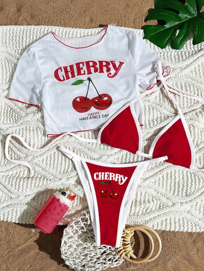 Cute Halter Bikini 3 Pieces Cherry Print 2026 Sexy & Fresh Feeling Bathing Suit Three-Piece Swimsuit Dark Blue Beach Swimwear