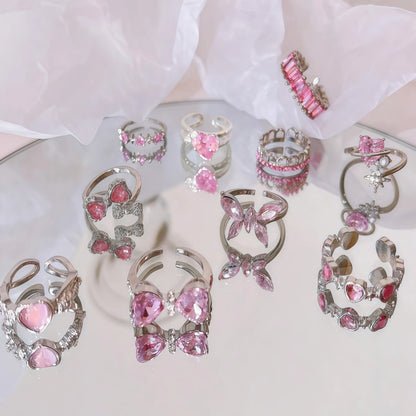 10Pieces Fashion Pink Rhineston Rings Set For Women Mix Style Butterfly Heart Love Open Adjustion Daily Jewelry Party Gifts