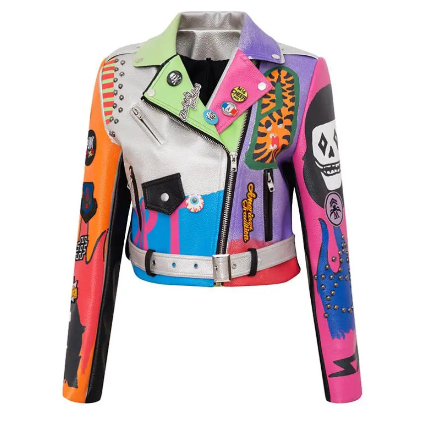 3xl women and men rivet beading pu leather jacket hit color streetstyle Graffiti outerwear letters printed leather jackets