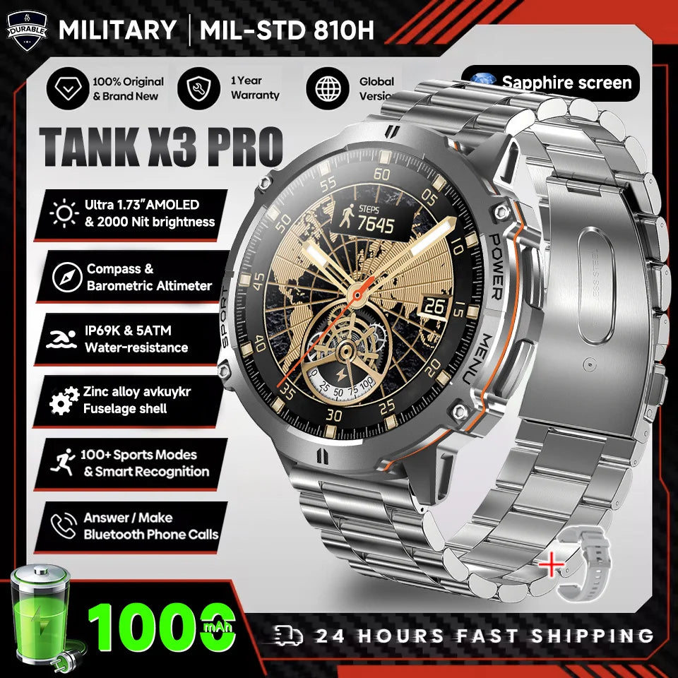 2026 New Military TANK X3 1000mAh Battery Smart Watch Men 10ATM Waterproof Swim GPS Path 1.75" AMOLED HD Call Sports Smartwatch