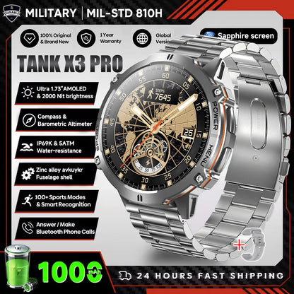 2026 New Military TANK X3 1000mAh Battery Smart Watch Men 10ATM Waterproof Swim GPS Path 1.75" AMOLED HD Call Sports Smartwatch