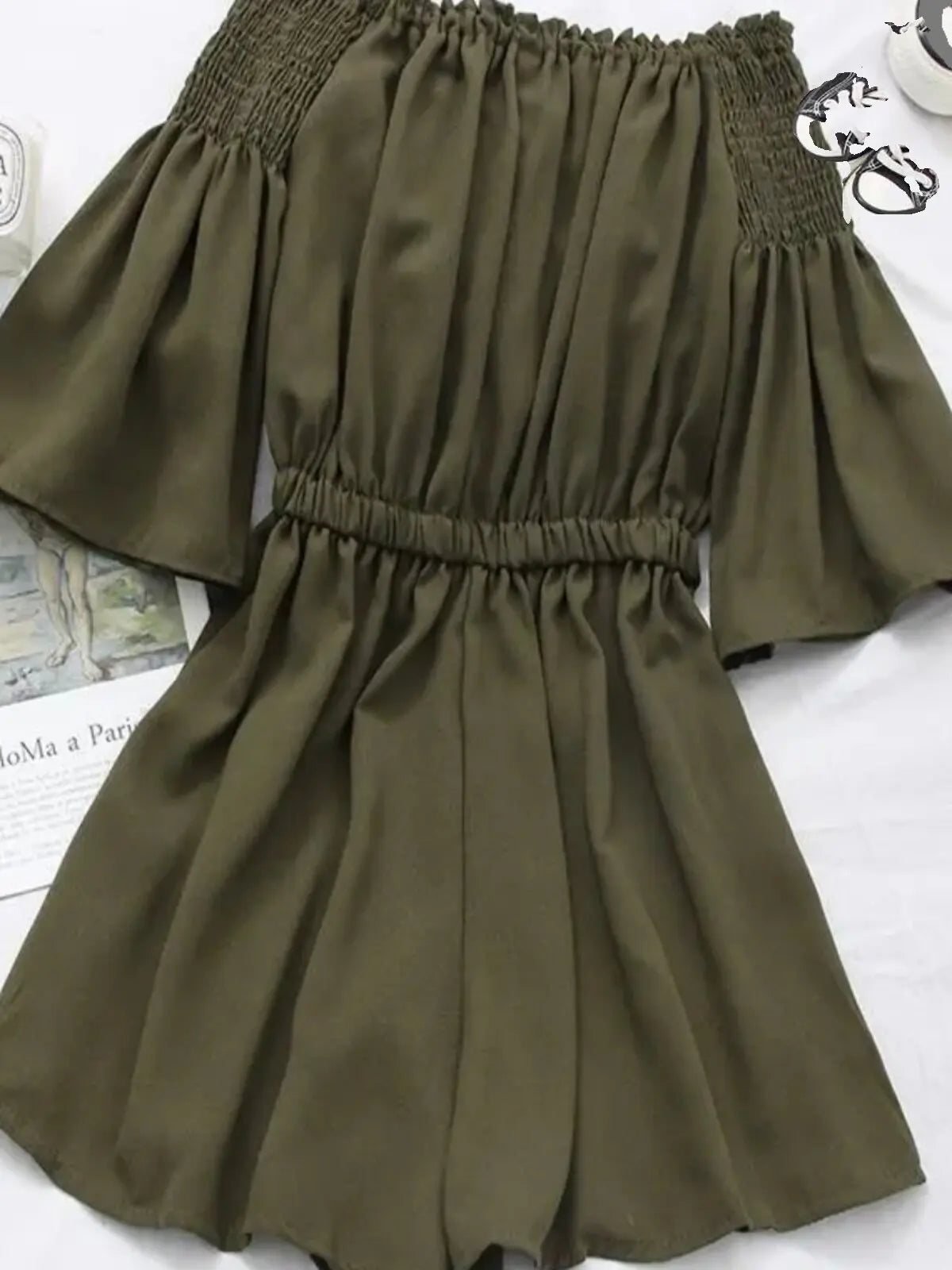 Women's Casual Summer Beach Romper Olive Green Off The Shoulder Lace Up Short Sleeve Elastic Waist Playsuit