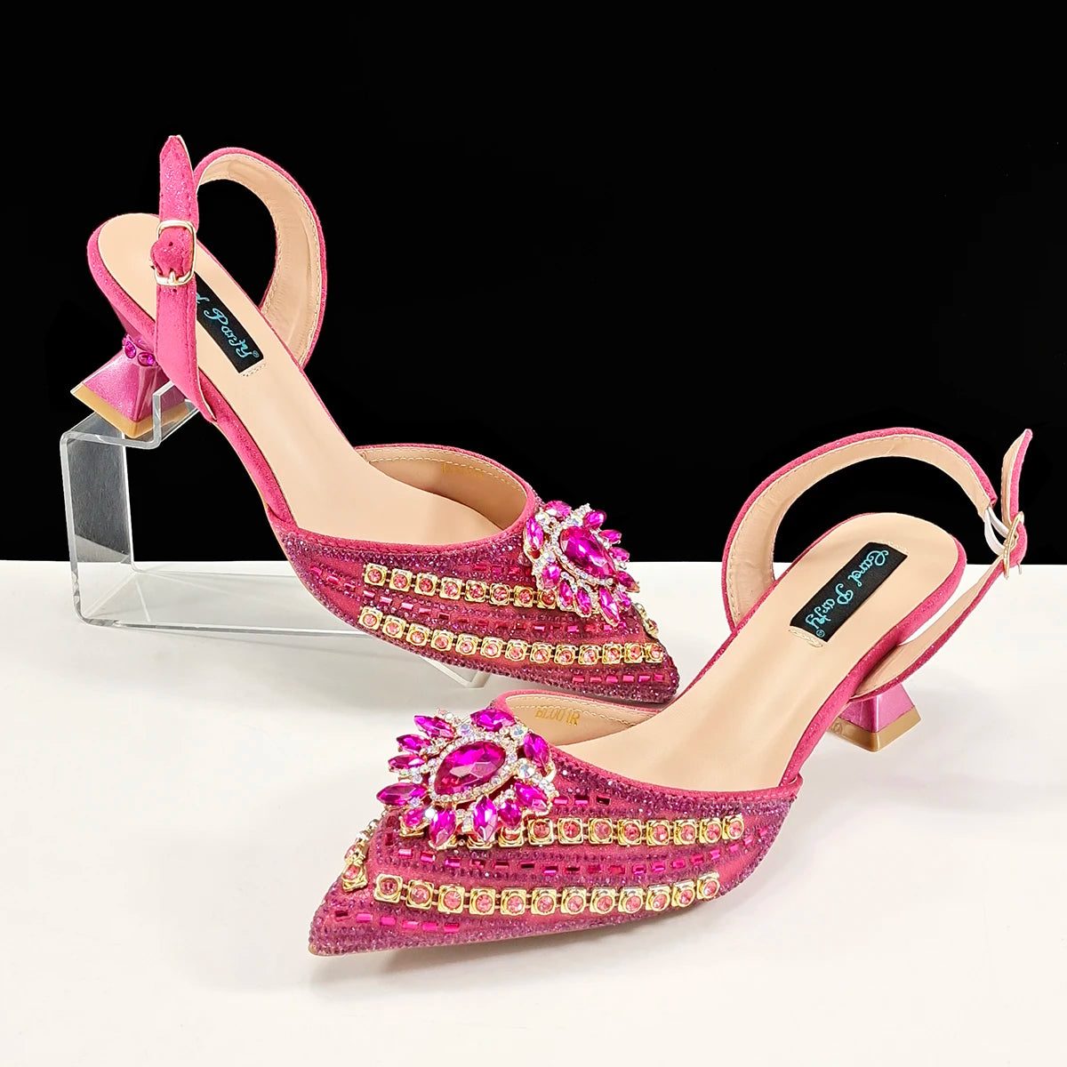 Queena Yan 2025 Italian Style Pointed Toe Rhinestone High Heels and Gold Wedge Bag Set - Elegant Ladies Party Women Shoes Heel