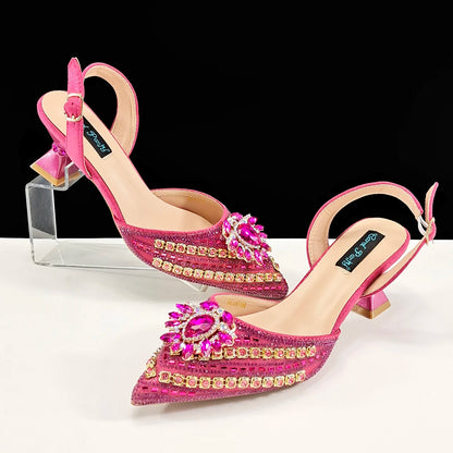 Queena Yan 2025 Italian Style Pointed Toe Rhinestone High Heels and Gold Wedge Bag Set - Elegant Ladies Party Women Shoes Heel