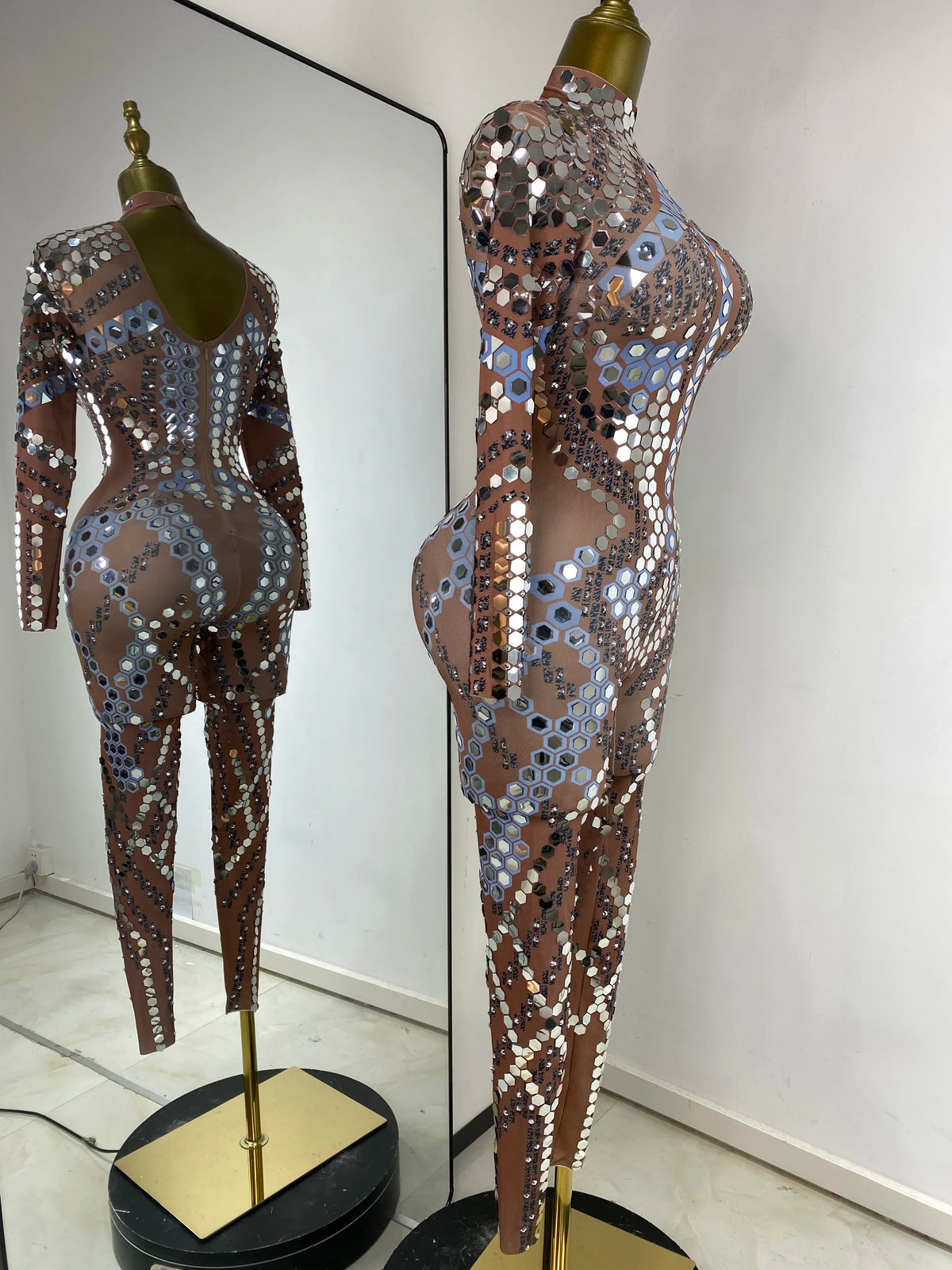 Women Performance Costumes Printed Sequines Rhinestones Spandex High Elastic Bodycon Jumpsuits Nightclub Evening Party Dress