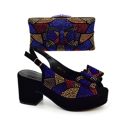 Nigeria Ladies Shoe and Bag Set Decorated with Rhinestone Block Heel Comfortable Platform Pumps Luxury Designer Shoes Women