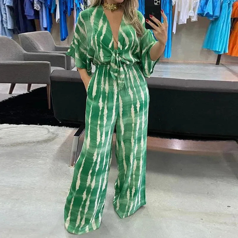 Elegant Women's Jumpsuits 2025 Summer Simple Casual  V-neck Lace Up Loose Lady Fashion Wide Leg Jumpsuit S-XXXL