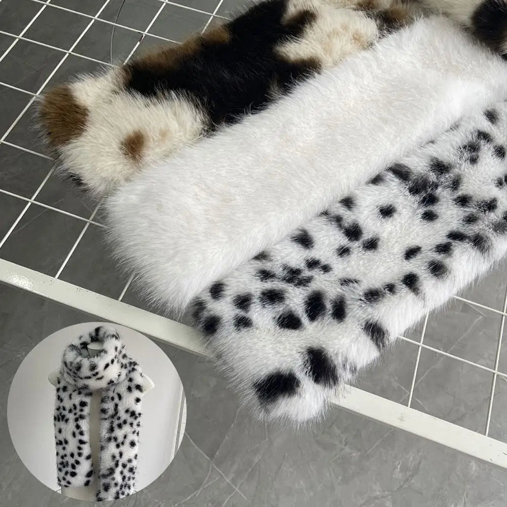 Korean Leopard Print Long Fur Scarfs Winter Y2K Vintage Warm Plush Scarf Fashion Thickened Lengthened Faux Fur Shawl Streetwear