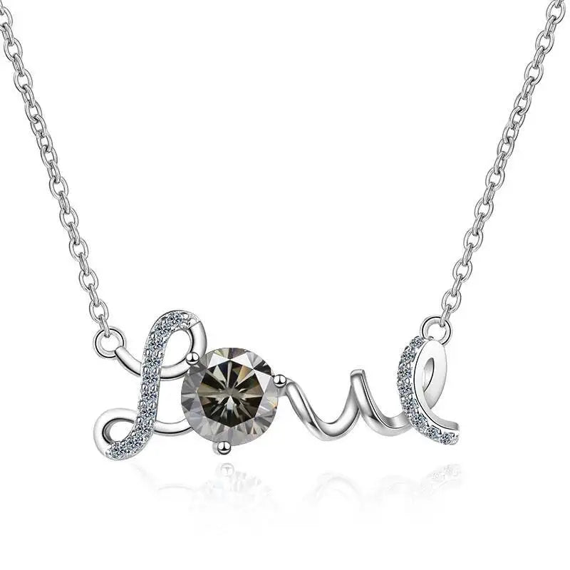 1CT 925Silver Cursive Love Letter Single Stone Pendant Necklace Round Cut D VVS1 Multi Color Moissanite Love Gift Fine Jewelry