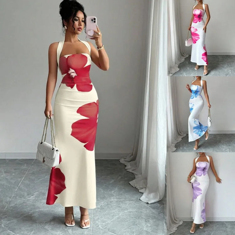 Women's 2026 New Popular Neck Halter Long Dress Hip-wrapped Printed Dress White Dress Birthday Dress for Women Summer Dress