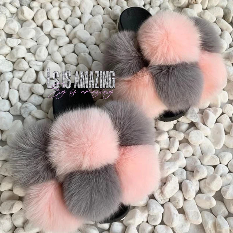 Natural Fox Fur Slippers, Fashionable Outdoor Multi-Color Animal Hair Slippers, Women's Gifts, Soft EVA Sole Slippers, On Trend