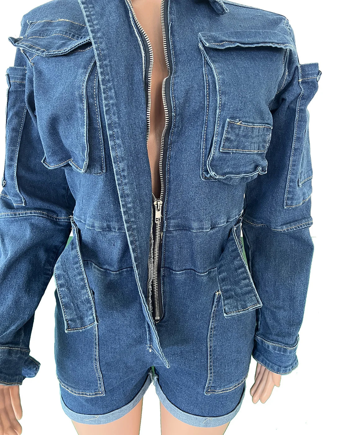 FAGADOER Retro Fashion Bodycon Denim Rompers Women Wash Cargo Pocket Patchwork Jumpsuits Female Streetwear Overalls 2025 New