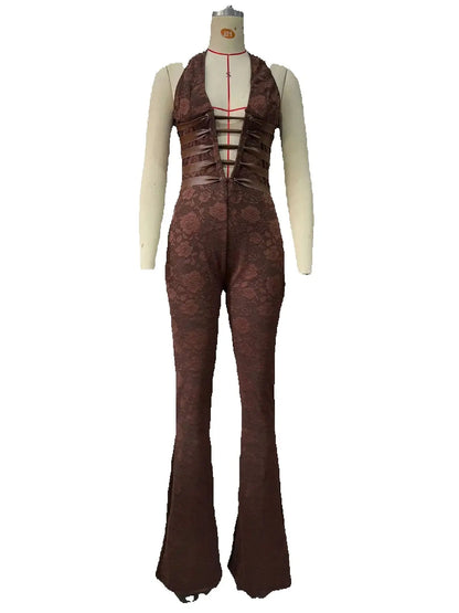 Weird Puss Hollow Bandage Jumpsuits Women Halter Sexy Jacquard Backless Sleeveless Skinny Street Workout Club Hipster Overalls