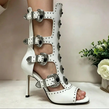 Women's 2026 Peep Toe Rhinestone Buckle Cutout Gothic Floral Mid-Calf Boots Punk Motorcycle Party Shoes with Rivets