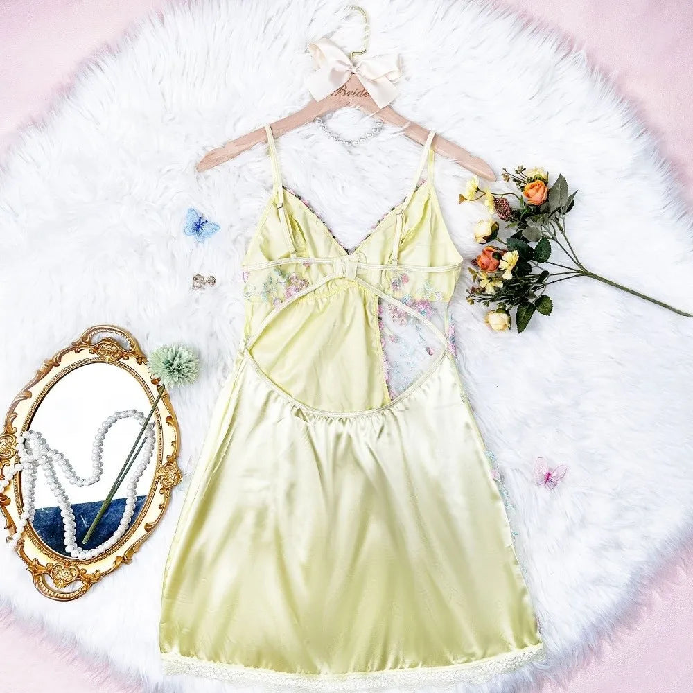 Thin Lace Bow Women's Pajama Dress Embroidered Mesh Transparent Ice Silk Suspender Nightdress Sleeveless Sleepwear