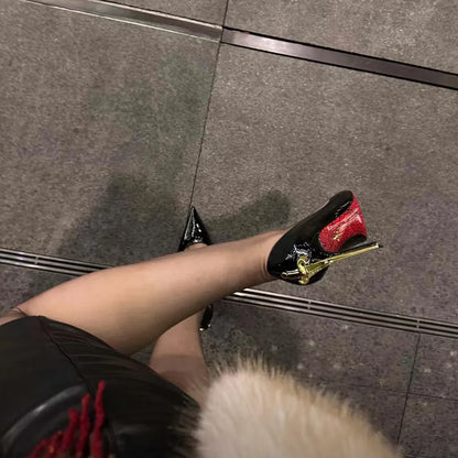 Early Spring New Women's High Heels, Slim Heels, Pointed Metal Sword, sexy Ladies, Black Patent Leather Single Shoes