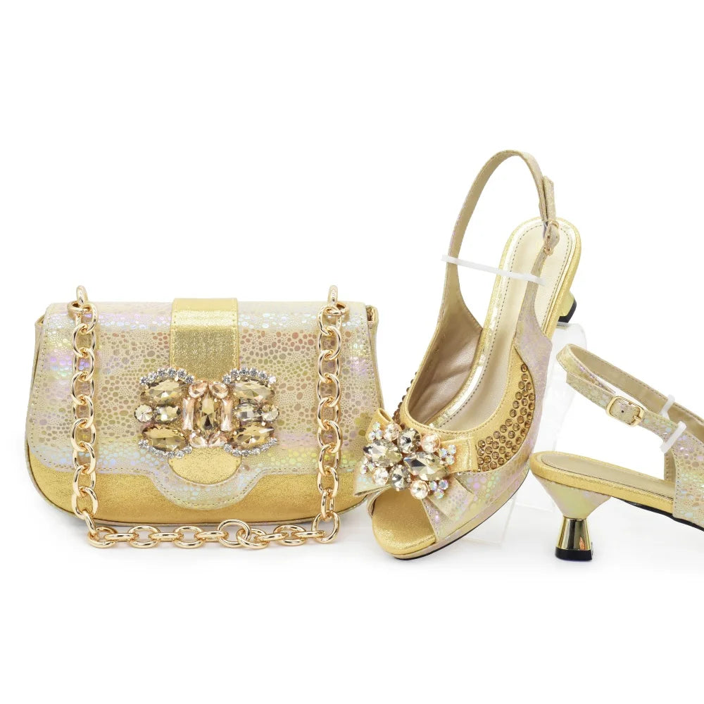 New Arrival Nigerian Women Heel Party Shoes and Bag Set Champagne Colour Rhinestone Handbag Italian Design Wedding