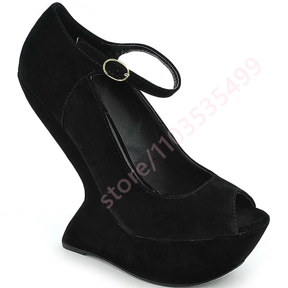 2026 Summer New Patent Leather Peep-Toe Platform Wedge Heels for Women Unique Curved Heel Ankle Strap Sexy Runway Party Sandals