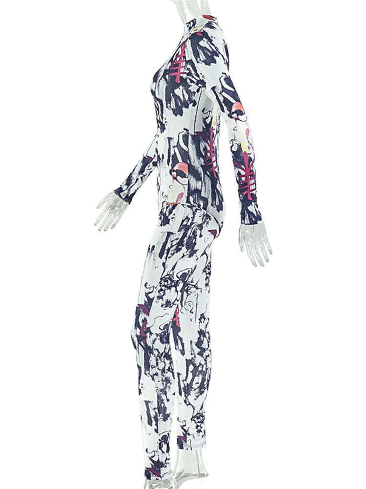 Weird Puss Sexy Colorful print Jumpsuit Women Wild Trend Full Sleeve O-Neck Stretch Skinny Midnight High Street Party Clubwear