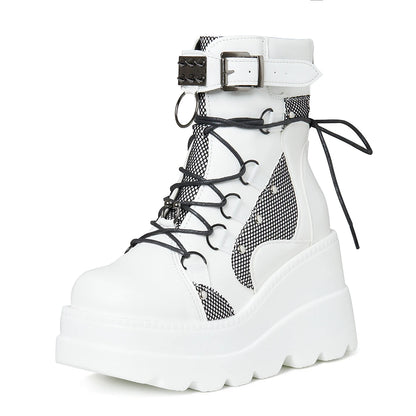 Women's Gothic Platform Wedge Ankle Boots, Punk Lace Up Buckle Strap Combat Booties, Non Slip Lug Sole Mid Calf Motorcycle Boots for Cosplay Daily Wear