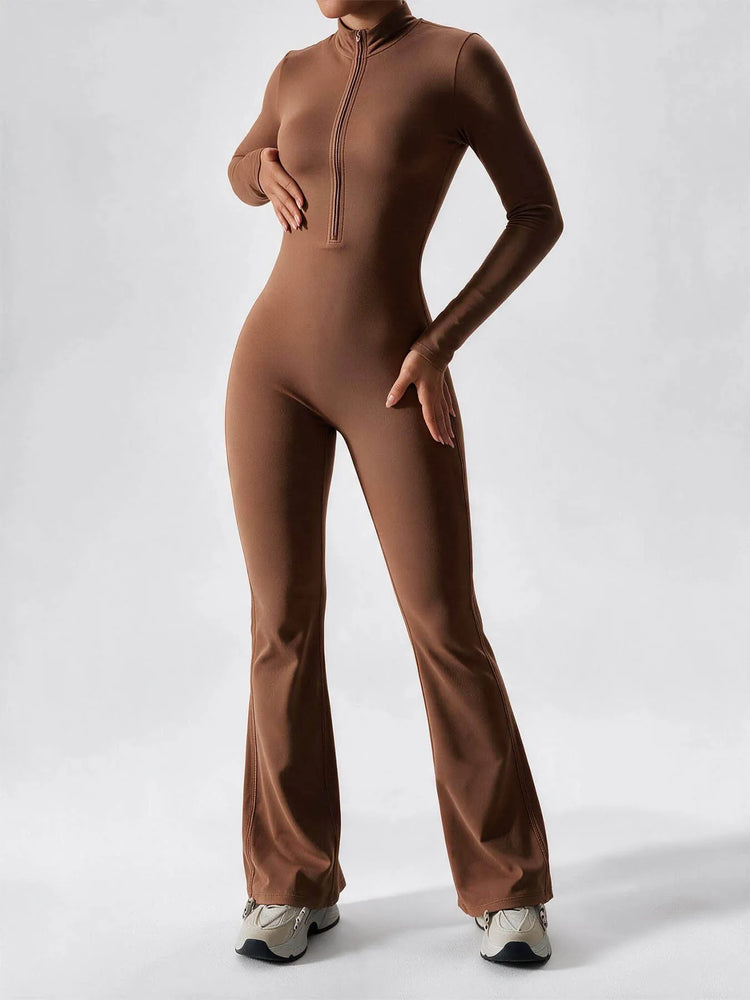 Elegant Zip-up Long Sleeve Sports Overalls for Women Autumn Winter Fleece Jumpsuits Ladies Yoga Fitness One Piece Tracksuit