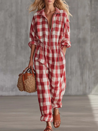 Women Plaid Jumpsuit Lapel Collar Zip Elastic Waist Loose Long Jumpsuits Ladies Casual Checkered Holiday Overalls With Pockets