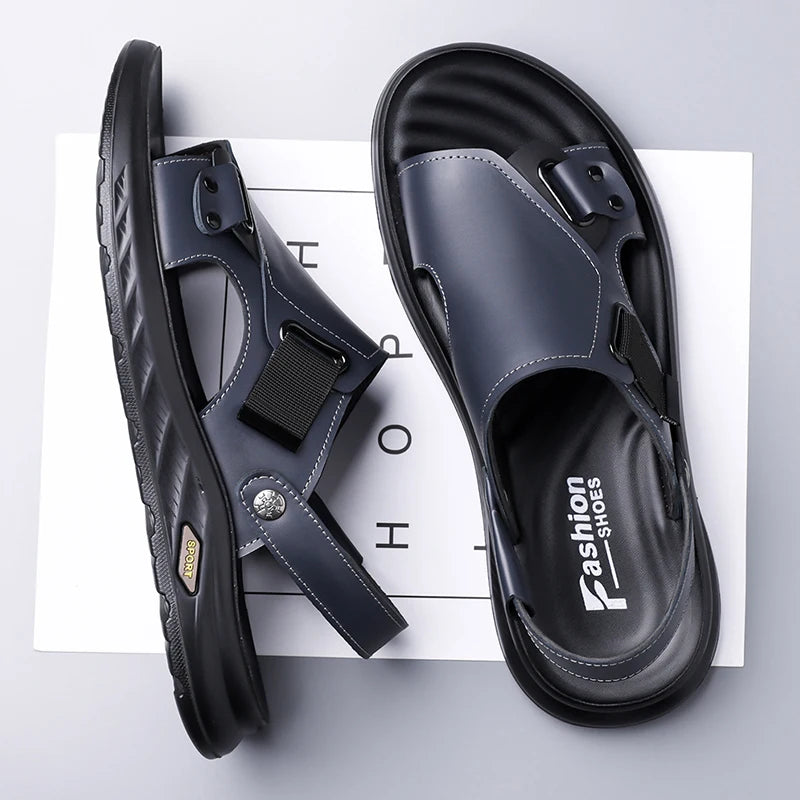 2026New Summer Mens Summer Outdoor Sandals 2-in-1 Beach Walking Shoe Genuine Leather Business Driving Shoe Flat Designer Sandals