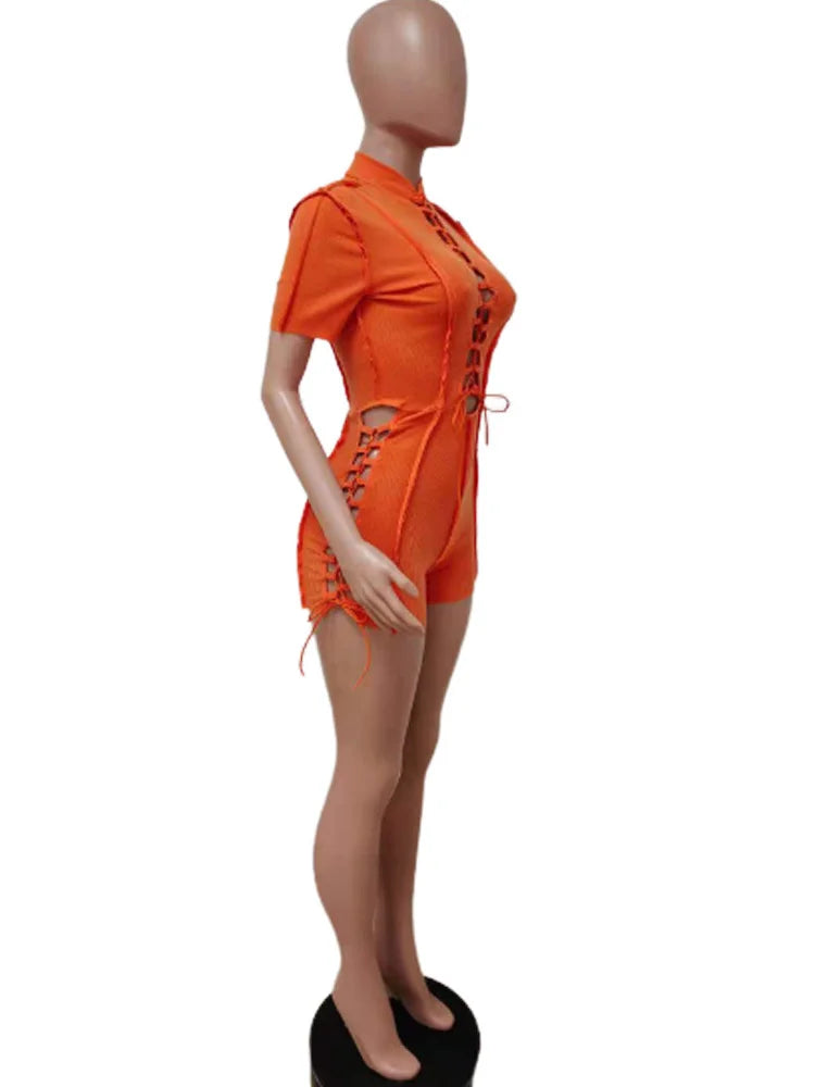 Wholesale Streetwear Jumpsuit Women 2023 One-pieces Outfits Rompers Summer Green Short Sleeve Bodycon Casual Bandage Playsuits