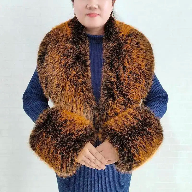 Large Women Faux Fox Fur Scarf Winter Jackets Warm Fluffy Shawl Fashion Artificial Fur Collar And Cuff Set Fluffy Scarves Female
