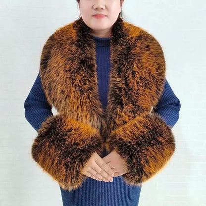 Large Women Faux Fox Fur Scarf Winter Jackets Warm Fluffy Shawl Fashion Artificial Fur Collar And Cuff Set Fluffy Scarves Female