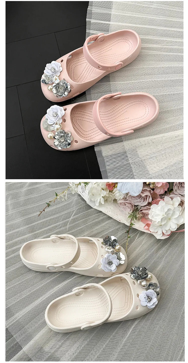 Clogs Summer Slippers Women Luxury Pearl Metal Flower Mary Janes Designer Ballet Shoes Girls Corc Charms Sandals Indoor Outdoor