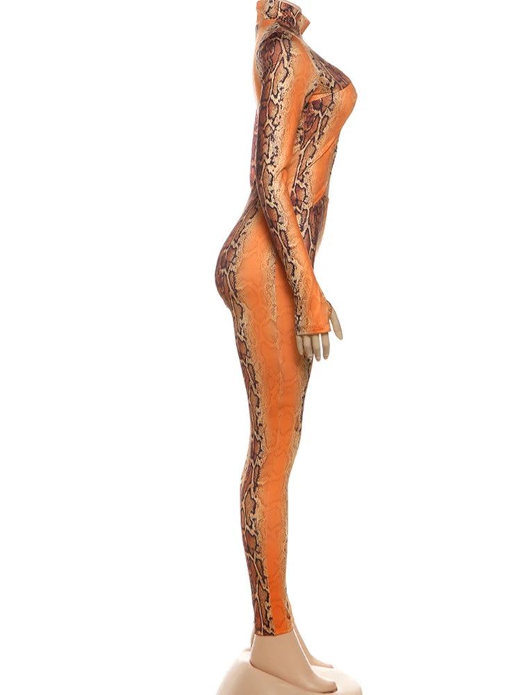 Nibber Peach Hip Jumpsuits Woman Sexy Hollow Serpentine Print o-Neck Full Sleeve Skinny Midnight Club Party Coquette Overalls